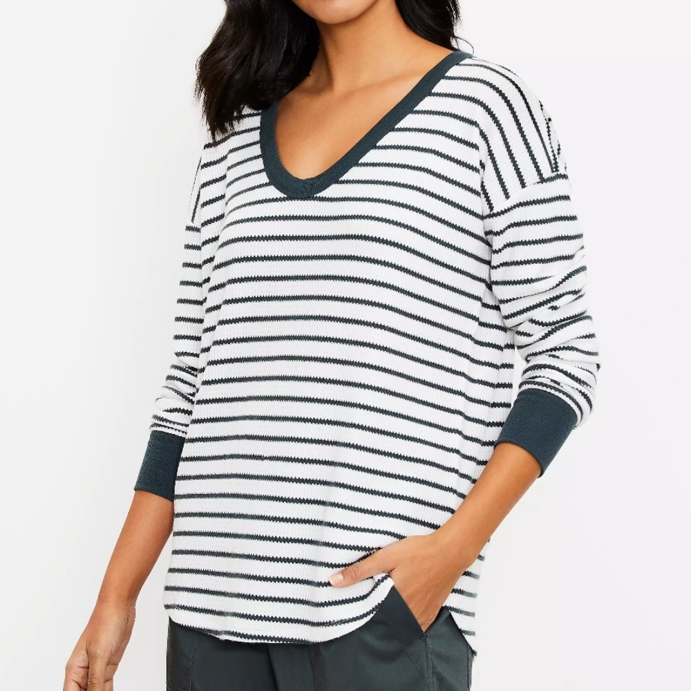 NEW! LOU & GREY Striped Wafflestitch Shirttail Top, White/Grey, Size M